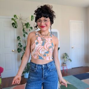 Dazey LA Abstract Floral Crop Tank - Pink, Peach & Teal